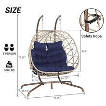 Double Egg Chair with Stand,2-Person Hanging Wicker Hammock Swing for Indoor Outdoor,UV Resistant&Removable Cushion,Loveseat for Patio Balcony Garden,600lbs Capacity(Dark Blue Cushion+Khaki Rattan)