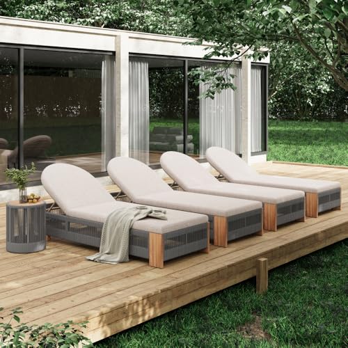 Outdoor Rattan Rope & Acacia Wood Coffee Table - Patio Balcony Furniture for Garden, Yard, Balcony - Weather Resistant(Rope Beige, Natural Iron) (Grey + Teak + Acacia Wood + Iron + Rope-4)