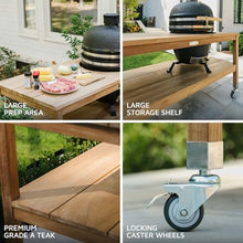 TITAN GREAT OUTDOORS Ash & Ember Grade A Teak Ceramic Grill Table, 22" Diameter Opening Fits L BGE, Kamado Joe, Weather Resistant Tightly Spaced Slats, Storage Shelf and Locking Caster Wheels