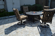 Santa Anita Outdoor Patio 6 Swivel Rocker Chairs and Round 52" Fire Pit Coffee Table Dark Bronze Cast Aluminum Premium Fabric Linen Sesame Cushions