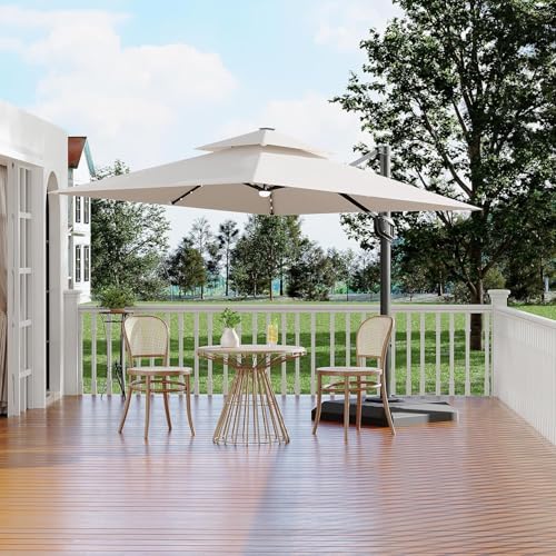 MOVECOM 10x10 ft Double Roof Square Cantilever Patio Umbrella with Solar LED Lights & Cross Base – 360° Rotation, Heavy-Duty Sun Shade with Easy Tilt for Backyard, Poolside, and Garden Use, Beige