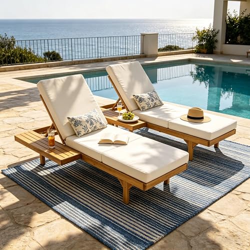 Christopher Knight Home Acacia Wood Chaise Lounge Chair Set of 2, Double/Single Outdoor Sunbathing Pool Lounger with 4'' Triple-Folds Cushion, Patio Wooden Adjustable Backrest Lounge Sofa, Teak+Cream