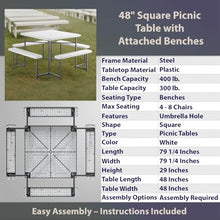 SunSierra 48" Commercial Picnic Table for Schools, Parks & Restaurants – Heavy-Duty Outdoor Table with Attached Benches, Steel Frame & Umbrella Hole – Weather-Resistant Polyethylene