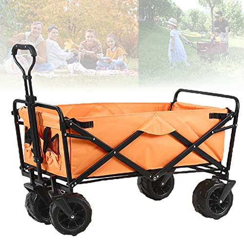 Foldable Pull Wagon 4 Wheel Festival Trolley, Practical Integrated Front Wheel Steering Transport Trolley with Lining Steel Frame, Wagon for Outdoor Beach Shopping Garden Cart (Orange)