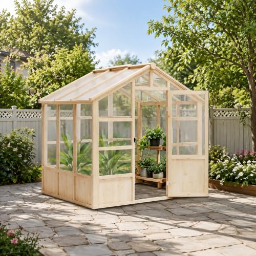 Heavy Duty Walk-in Wooden Greenhouse Kit, 4mm Polycarbonate Panels Green House with Adjustable Vents and Lockable Door, Wood Frame Plant House for Outdoor Garden Backyard Patio Lawn (8X6FT)