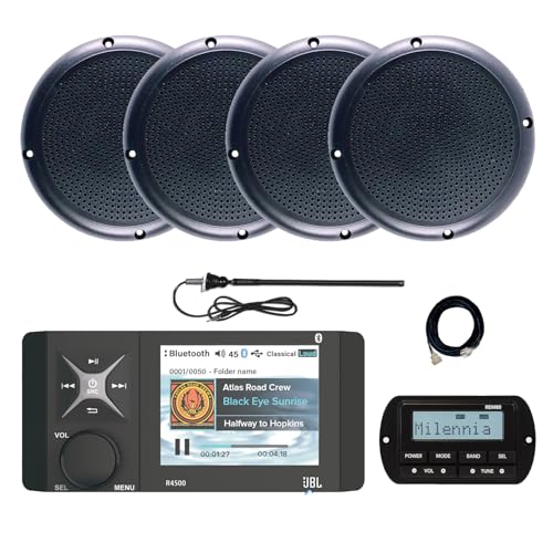 Enrock Marine JBL Wake Series R4500 Marine USB Bluetooth Radio Receiver with Speakers and Antenna Black