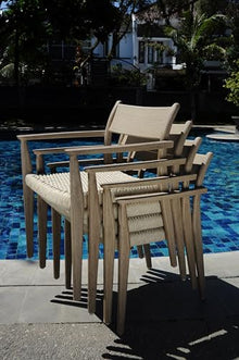 TeakFurnitureOutlet Qty 4 - Grade-A Teak Wood Luxurious Solo/Single Amilo Weathered Teak Stacking Arm Chairs #96AMAA