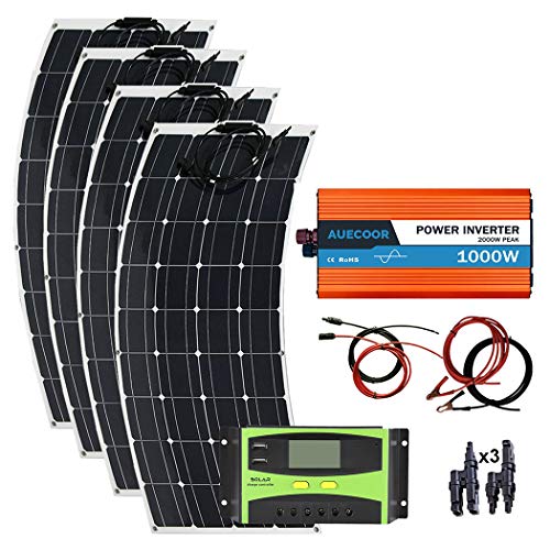 AUECOOR 400 Watts Complete Flexible Solar Panel Kit with 1000W Power Inverter & 30A Solar parnel Controller Boat, RV,for Off-Grid 12 Volt Battery Charging