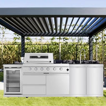 98" Modular Outdoor Kitchen Island with Grill and Side Burner, 4-Burner 72,000 BTU Propane BBQ Island, Refrigerator, Integrated Sink & Prep Station, for Backyard and Patio Cooking, Silver