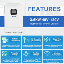 3600W Hybrid Solar Inverter 48V DC to 110V AC, Pure Sine Wave, Built-in 80A MPPT Controller, 98% Efficiency, Support Parallel 6 Units, Solar & Generator Input, for Home On/Off-Grid Systems