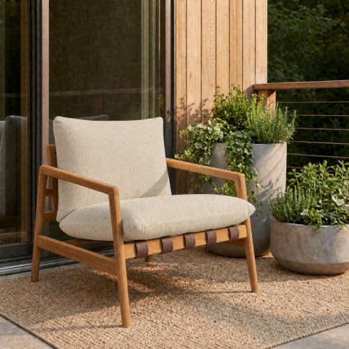 Modway Nomi Teak Wood Outdoor Sling Accent Chair in Sand - Faux Leather Vegan Patio Armchair with Removable Cushioned Upholstery