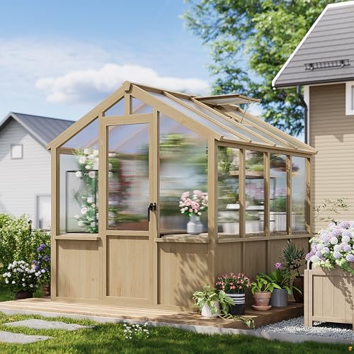 6x8 ft Greenhouse for Outdoors, Large Wooden Greenhouses with Adjustable Roof Vent & PC Panels & Lockable Door, Heavy Duty Spruce Frame Green House for Garden, Backyard, Patio