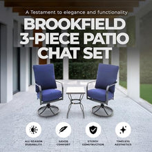 Four Seasons Courtyard Brookfield 3 Piece Deep Seating Outside Furniture Set of 2 Swivel Rocker Patio Chairs, Olefin Cushions, and Tile Table, Navy