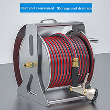 FKTHYO Wall Mounted Water Hose Reel with Garden Hose, Hand Crank Retractable Stainless Steel Hose Reel Swivel Bracket Hose Storage Holder with 9 Pattern Hose Nozzle and Hose Connector (30M Hose)
