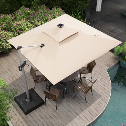 OROTLECT 9' x 9' Square Lighted Cantilever Umbrella With Base,Beige