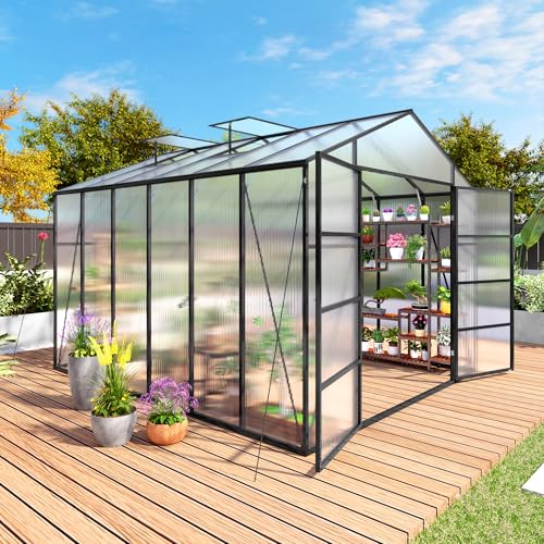 10x12FT Large Walk-in Greenhouse, Extra-Height Version Polycarbonate Greenhouse with Aluminum Frame for Backyard, Black
