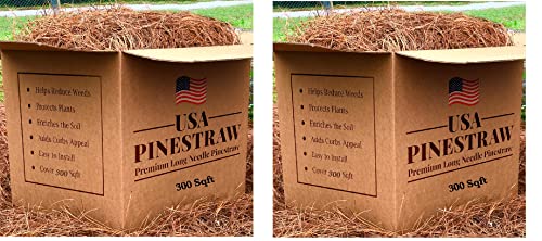Long Needle Pine Straw Mulch - 300 Sqft Coverage 2 Set - Premium USA Harvested PineStraw for Landscaping, Weed Control, Moisture Retention & Erosion Control - USA Pinestraw