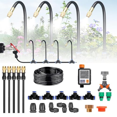 YLANMEI 360°Adjustable Plant Watering System, Outdoor Misting Cooling System for Construction Site/Farm/Factory, Automatic Irrigation Equipment,50m/164ft+Timer