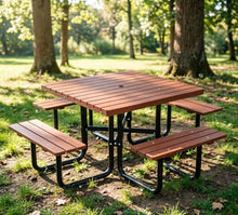YZFfnte 80" Square Outdoor Picnic Table Set, Solid Wood, Umbrella Hole