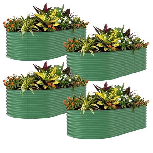 Garvee 4 Pack 8x4x2 ft Galvanized Oval Outdoor Raised Garden Beds, Green