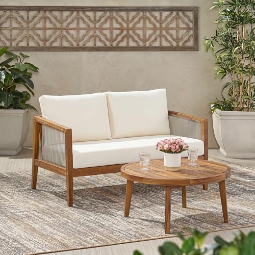 Merax Outdoor Loveseat and Coffee Table Set, Acacia Wood Frame with Rope Detail, Water-Repellent Beige Cushions for Patio Backyard Deck, Teak Finish