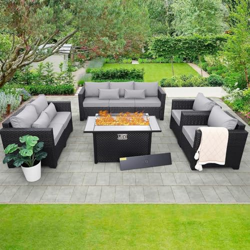 HTERWQEA 5 Piece Patio Furniture Set with Fire Pit Table, Outdoor Conversation with Cushions, Waterproof Covers, Couch Seating for Backyard Porch Garden, Light Grey