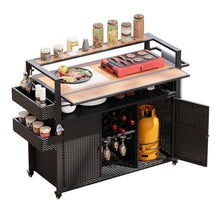 Outdoor Grill Cart Rolling Kitchen Island with Foldable Drop Leaf, Lockable Wheels,Wine Rack,Poly Wood Tabletop,Towel Bar, Spice Racks, Wine Glass Holder, Steel Frame for Patio or Backyard (Black)