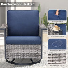Seeheool Outdoor Swivel Rocking Gray Wicker Chairs Set of 2, Wide Armrest Patio Glider Chairs with Blue Cushions for Porch or Deck