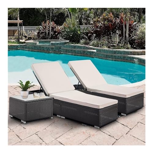 Outdoor PE Wicker Chaise Lounge Chairs Set of 3 Patio Rattan Reclining Chair Adjustable Backrest Sunbathing Recliners With table, Wicker Poolside Lounge Chair Sunbathing Camping Beach Pool Chairs