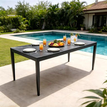 WAQINBR Outdoor Aluminum Marble Dining Table for 6-8, 71” Luxury Patio Table with Black Sintered Stone Top, Post Tapered Legs for Garden, Lawn, Weatherproof & Rust-Free