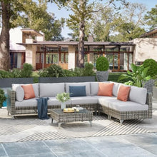 43 Inch Propane Fire Pit Table with Open Weave Wicker Design for Patio Garden Backyard - Orange and Yellow Outdoor Fire Table (7 Piece Sectional Sofa Set - Grey)
