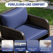 LEVELEVE Patio Conversation Set 5 Piece, Balcony Furniture Outdoor PE Rattan Wicker Lounge Chairs with Soft Cushions, 2 Ottomans & Glass Table for Porch Lawn, Brown (Blue Cushions