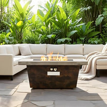 Rectangle Gas Fire Pit Table Outdoor Propane Patio Heater with Cement Texture Surface, 50000 BTU Electronic Ignition Fireplace, Metal Burner Cover, Volcanic Rock, Garden Deck Use
