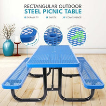 MATONELL 6ft Outdoor Picnic Table Rectangular Steel with Umbrella Hole Heavy Duty Carbon Steel Patio Garden Park Camping Table Weather-Resistant (Blue)