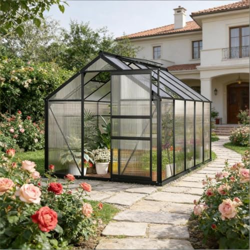 Walk-in Greenhouse with Sliding Door and Aluminum Frame for Growing Flowers, Plants, Outdoor Plant Tent with Rooftop Vent and Transparent Polycarbonate Panels for Backyard, Lawn