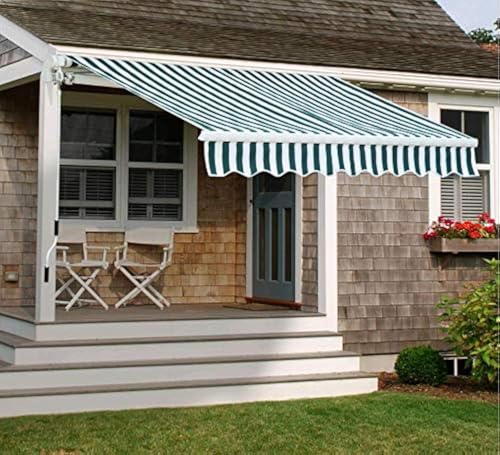 Diensweek 8'x7' Patio Awning Retractable Fully Assembled, Manual Commercial Grade - Quality 100% 280G Ployester Window Door Sunshade Shelter - Deck Canopy Balcony P100 Series (Green/White Stripes)