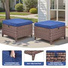 Seeheool Outdoor PE Wicker Ottomans Set of 2, Patio Brown Rattan Footrests with Blue Cushions for Backyard or Deck