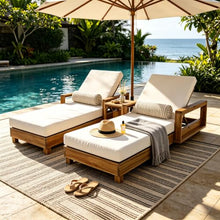 Merax Acacia Wood Chaise Lounge with 2 Double-Fold Cushion Chaise, Cream