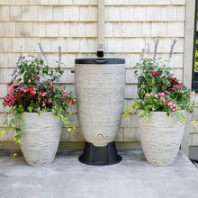 Newport 50‑Gallon Flat‑Back Rain Barrel with Stand & Planter Bundle – Slate | Removable Lid, UV-Stabilized Outdoor Water Storage
