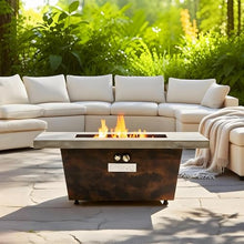 Rectangle Gas Fire Pit Table Outdoor Propane Patio Heater with Cement Texture Surface, 50000 BTU Electronic Ignition Fireplace, Metal Burner Cover, Volcanic Rock, Garden Deck Use