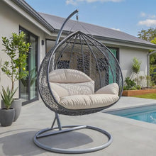 LeisureMod Hanging Egg Chair with Stand for Indoor Outdoor Wicker Patio Swing Chair Open Weave Basket Design with Cushion Metal Frame for Patio Garden Balcony (Grey Frame Taupe Cushion)