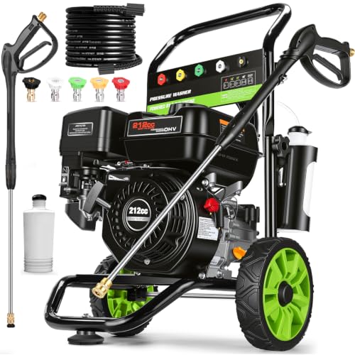 Professional 4000PSI Gas Pressure Washer, 4GPM 212CC 7.0 HP 8" Wheels Commercial Gas Power Washer with 1L Foam Bottle 5 Nozzles 25FT Hose for Home Car Fence Driveway (EPA/CARB/ETL Compliant), Green