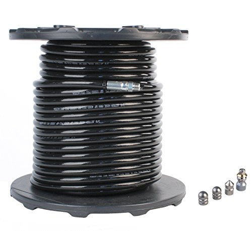 Schieffer Co. Sewer Jetter Hose & 4 Nozzles 3/8in x 300ft 4400 PSI Black