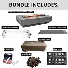 Elementi Hampton Fire Pit Bundle Outdoor Firepit Set Includes 56” Natural Gas Concrete Table, Glass Windscreen, Stainless Steel Cover, Canvas Floor Mat, Ice Bucket, - + All Accessories