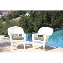 Pemberly Row Wicker Rattan Outdoor Chairs with Cushions, 36" H x 28.5" W x 27.5" D, Set of 2, White and Tan Finish, All-Weather Resin, Steel Frame, Stackable Design for Patio, Poolside or Garden Use