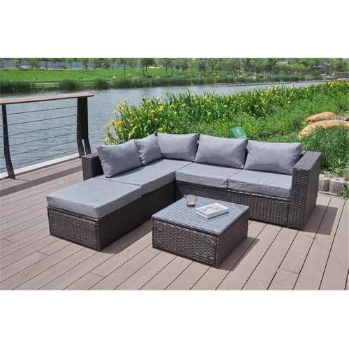 Pemberly Row Outdoor Sectional Sofa Set, Gray Cushions, Brown Wicker/Rattan Frame, 86" L x 80" W x 28" H, Tempered Glass Top Coffee Table, Water-Resistant Cushions, Modern Patio Furniture for