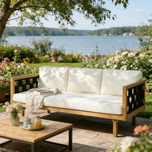 Merax Outdoor 3 Seater Daybed, Acacia Wood Patio Day Bed Couch Sofa with Cushions & Stylish Rope Weave Armrest, 67.5" L Outdoor Seating for Gardern Deck Porch Balcony, Beige