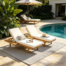Christopher Knight Home Acacia Wood Chaise Lounge Chair Set of 2, Double/Single Outdoor Sunbathing Pool Lounger with 4'' Cushion, Patio Wooden Adjustable Backrest Lounge Sofa, Teak+Cream