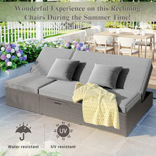 SRECELL Outdoor Double Sunbed, 2-Person Wicker Rattan Patio Daybed with Adjustable Backrest & Seat, Cushioned Reclining Chaise Lounge with Cup Trays for Backyard, Garden, Poolside,(Brown + Gray)