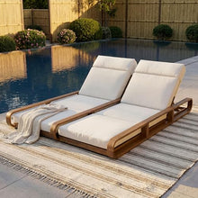 Merax Double Chaise Lounge Chair Outdoor, 4-Position Adjustable Backrest & Headrest for Each Seat, Modern 79" Large Acacia Wood Pool Lounge with 4-Fold Cushions for Patio Garden Beach, Beige+Teak